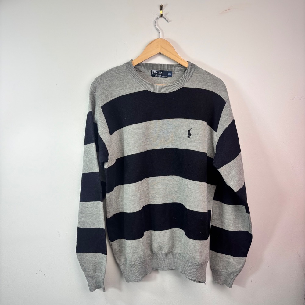 Polo Ralph Lauren Gray Navy Striped Crewneck Sweater Pony Logo 2XL